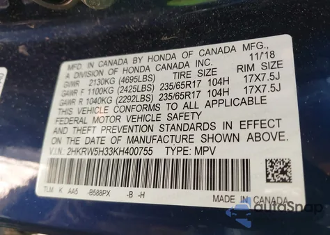 2019 Honda Cr-V Lx z USA, uszkodzony, nr VIN 2HKRW5H33KH400755